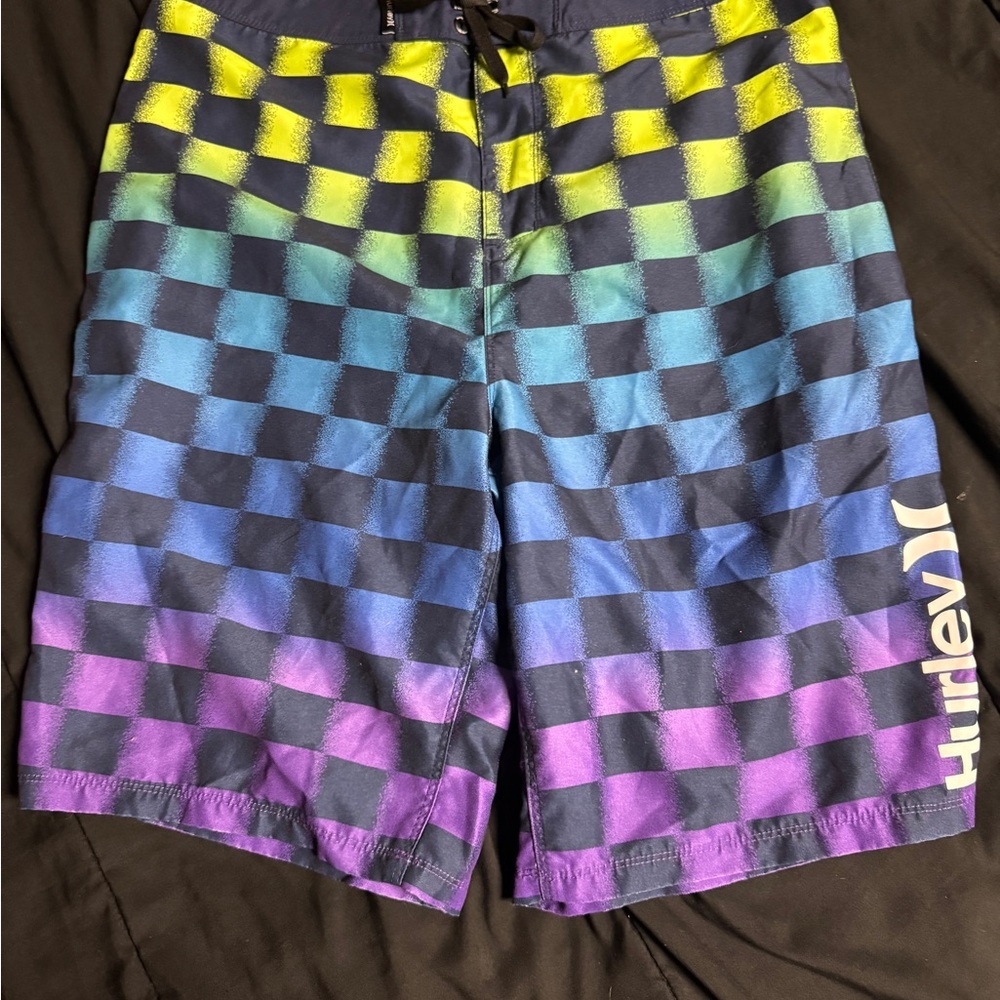 Hurley Men's Checkered Blue and Purple Swim Shorts